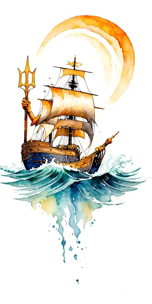 Poseidon Holding A Trident And Sinking Ship Sailing Through A Sea