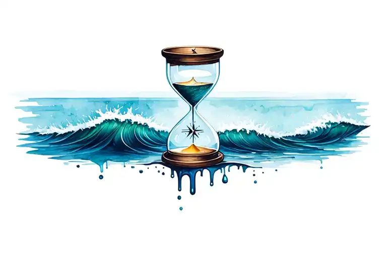 Hourglass With Ocean Waves Dripping Into A Compass