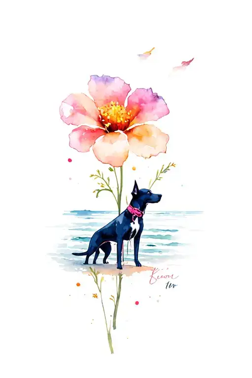 Beach With Dog And A Flower