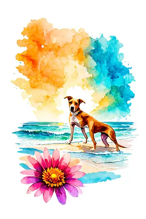 Beach With Dog And A Flower Under It