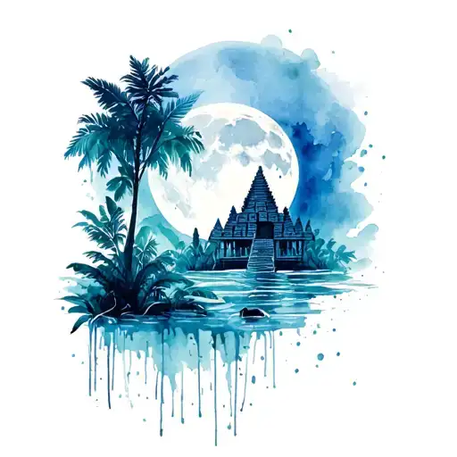 Aztec Temple With Jungle Moon Jaguar Water Darken Everything