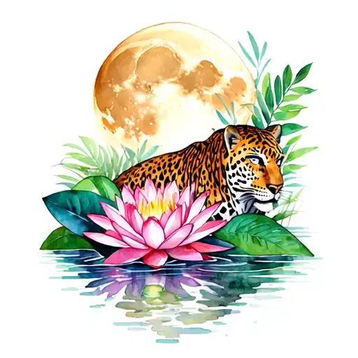 Aztec Temple With Jungle Moon Jaguar Water Lily
