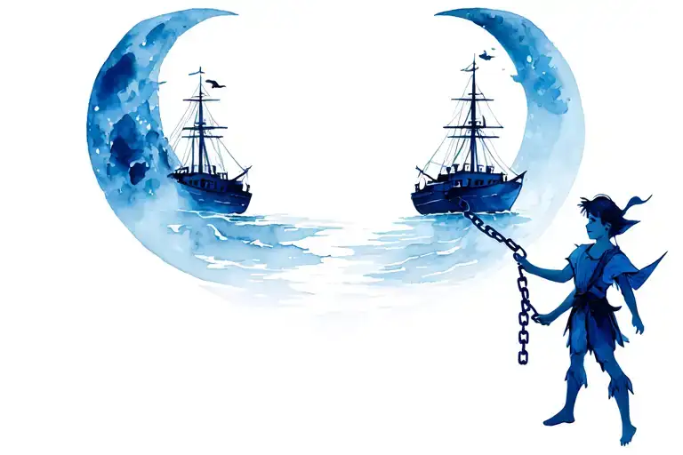 Peter Pan Holding Holding A Chain Attached To The Moon With Two Ferries On It