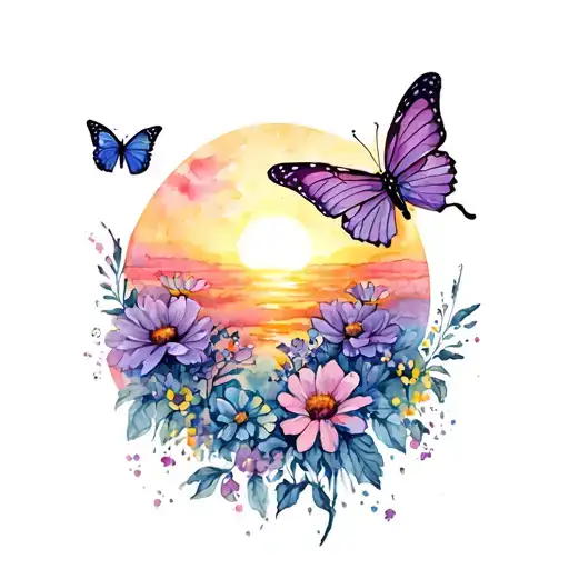 Butterflies With A Sunset And Flowers