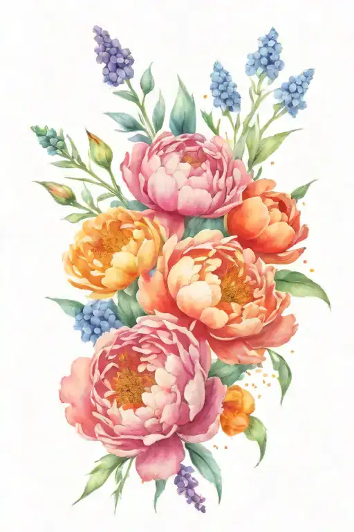 A Peony And Larkspur Bouquet Intertwined With Paintbrushes And Splashes Of Orange Paint