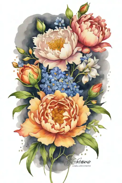 A Peony And Larkspur Bouquet Intertwined With Paintbrushes And Splashes Of Orange Paint