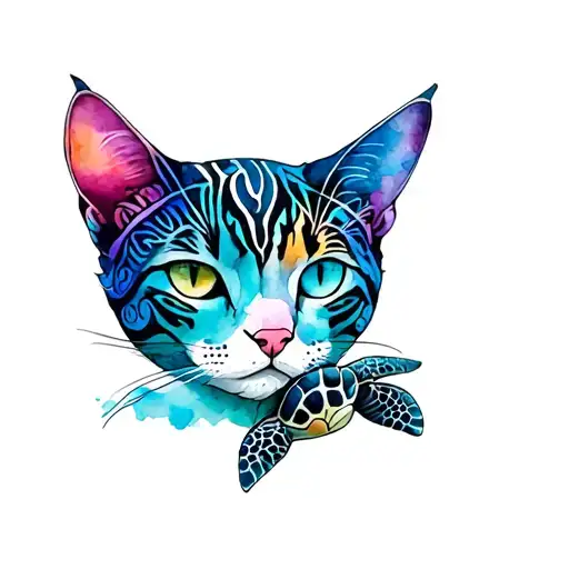 Tribal -Haired Cat Head With Sea Turtle