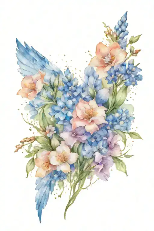 Angel Wings Surrounded By Larkspur Flowers