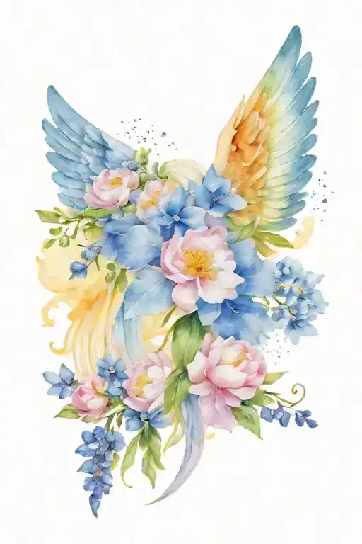 Angel Wings Surrounded By Larkspur And Peony Flowers