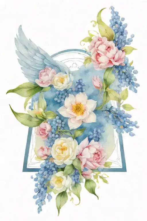 Angel Wings Surrounded By Larkspur And Peony Flowers