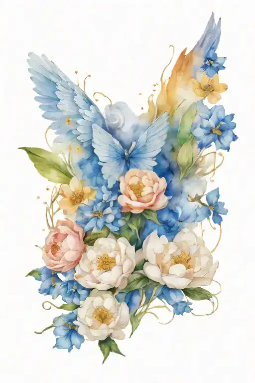 Angel Wings Surrounded By Larkspur And Peony Flowers