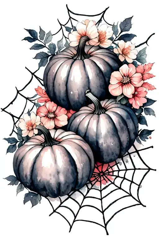 Pumpkins With Flowers And Spiderwebs Hanging