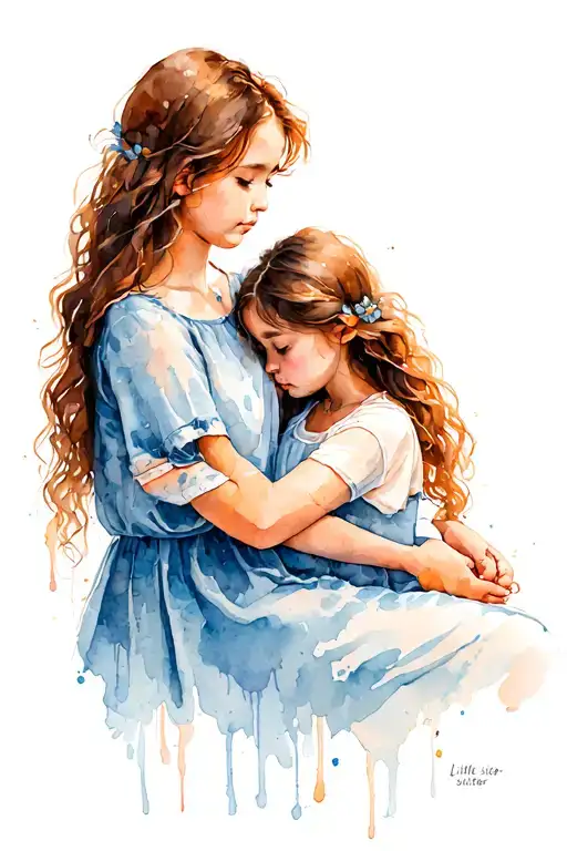 Little Sister In Big Sisters Lap Outlone Watercolor