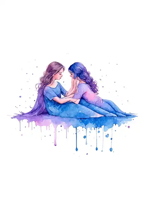 Little Sister In Big Sisters Lap Outlone Watercolor