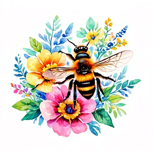 Bee Hovering Over Colourful Flowers
