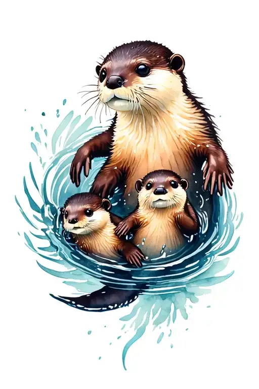 Mama And Baby Otter Floating