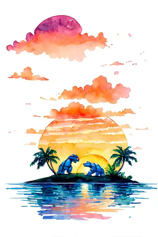 Blastoise On An Island Sunset