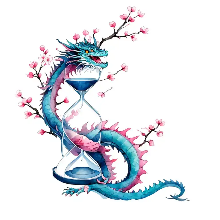 Dragon Wrapped Around Hourglass Surrounded By Cherry Blossoms With Branches