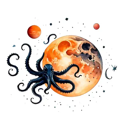 Kraken Rising Black With The Moon And Mars In The Back In Space