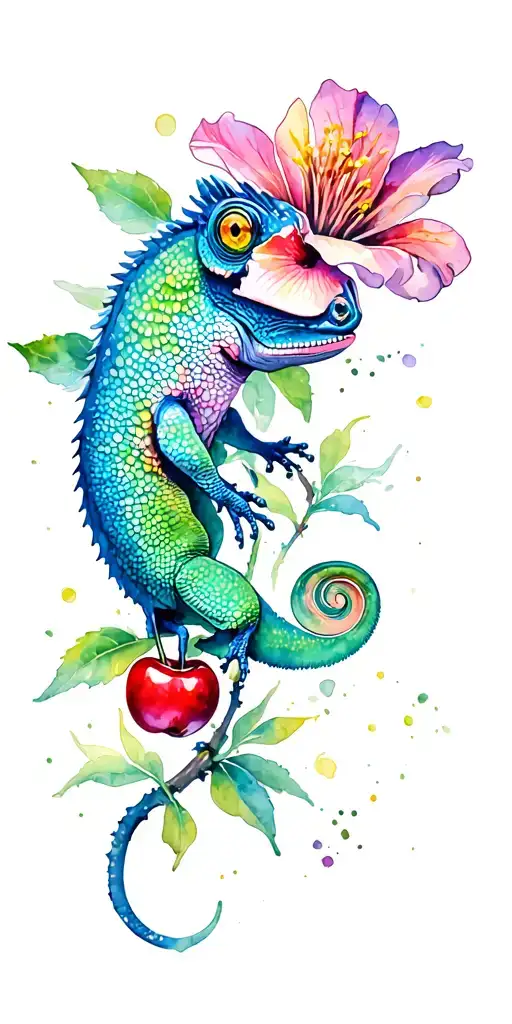 Chameleon On Cherry Flower