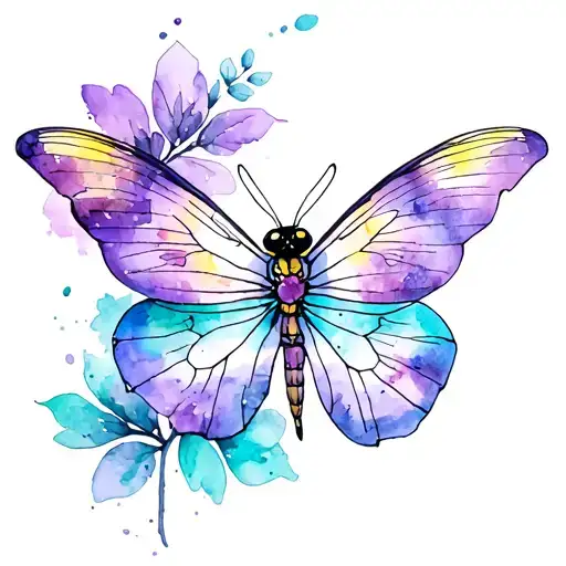 Yellow Butterfly Body Is A Semicolon And A Purple And Turquoise Dragonfly