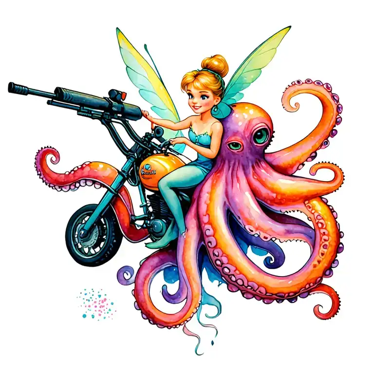Tinkerbell Riding An Octopus Motorcycle Shooting Pixie Dust From A Sniper Rifle