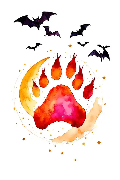 Wolf Paw Print With Crescent Moon And Bats Flying Across