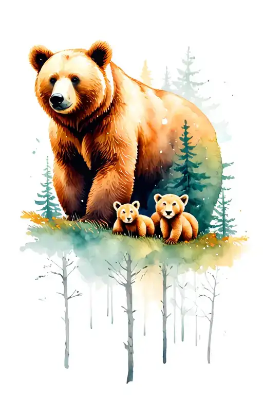 Bear With Cubs With Forest Background