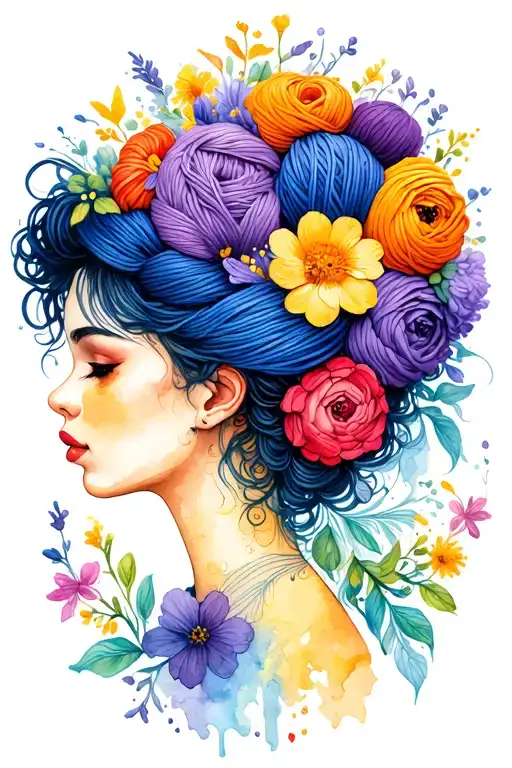 Female Face Side Profile With Yarn Exploding From Top Of Head Surrounded By Flowers
