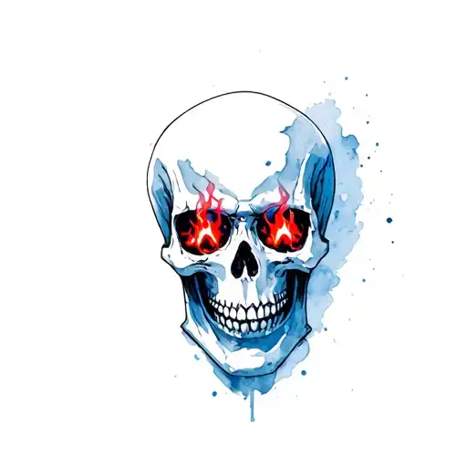 Skullhead Front On With Red Flames In Eyes And Skeleton Army Behind Him