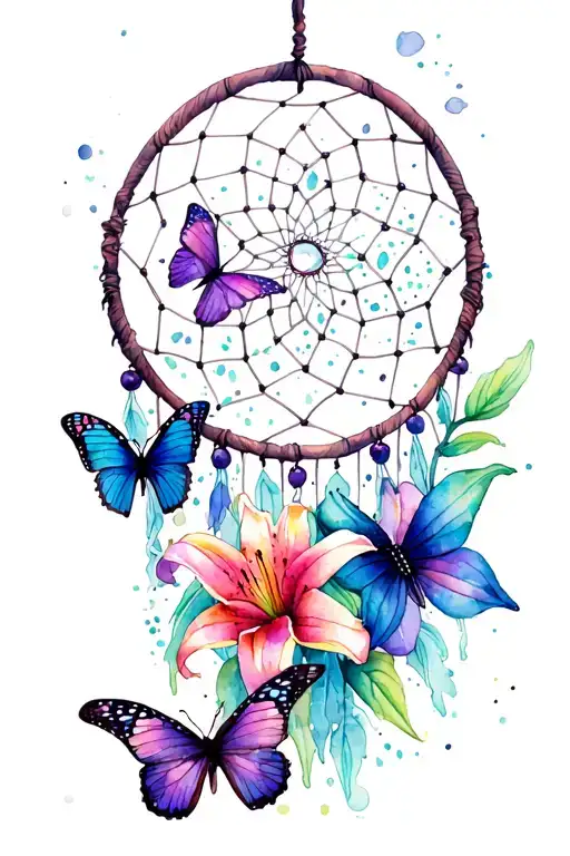 Dream Catcher Intertwined With Lily's And Butterflies
