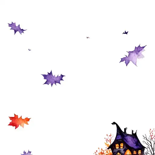 Pumpkins Around A Witches Cottage In Purple And Fall Trees Of Red Leaves