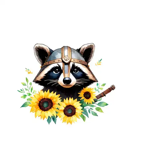 Deadpool Raccoon With Viking Helmet And Sunflowers