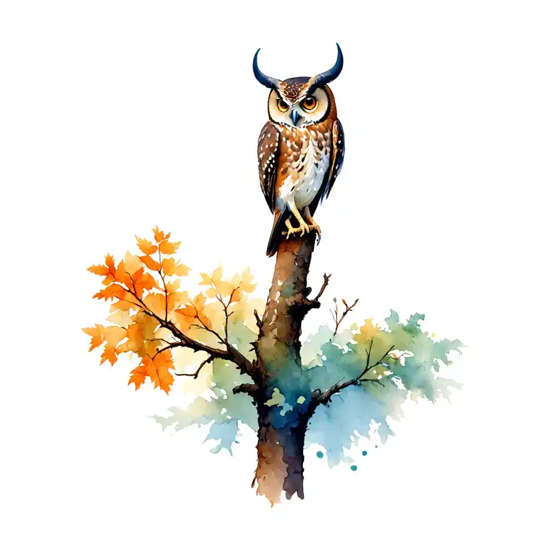 Horned Owl Perched Over Tree Growing