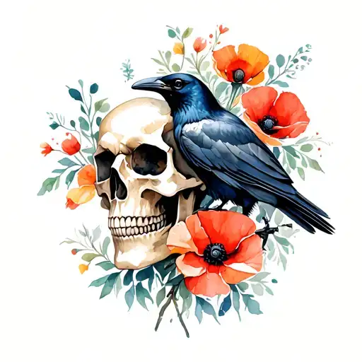 Skull And Raven And Poppies Blooming