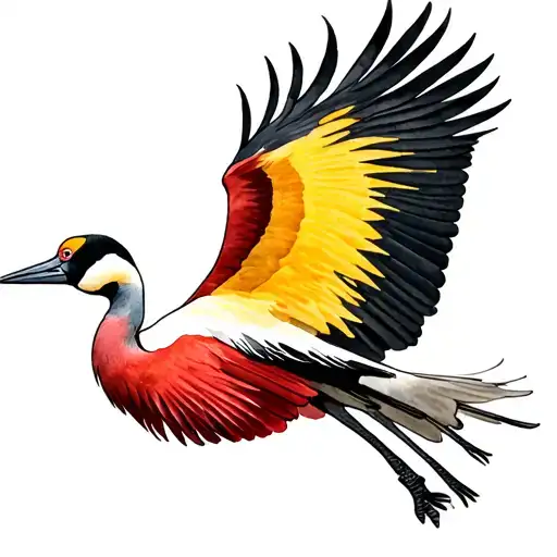 Grey Crowned Crane Flying With Uganda Flag Colours Inside Wings