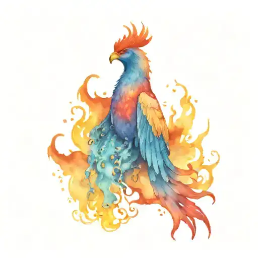 Single Stoic Phoenix With Flames And Rain Raising From The Ashes