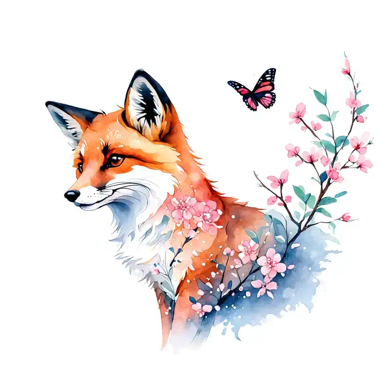 Fox With Cherry Blossoms And Butterflies