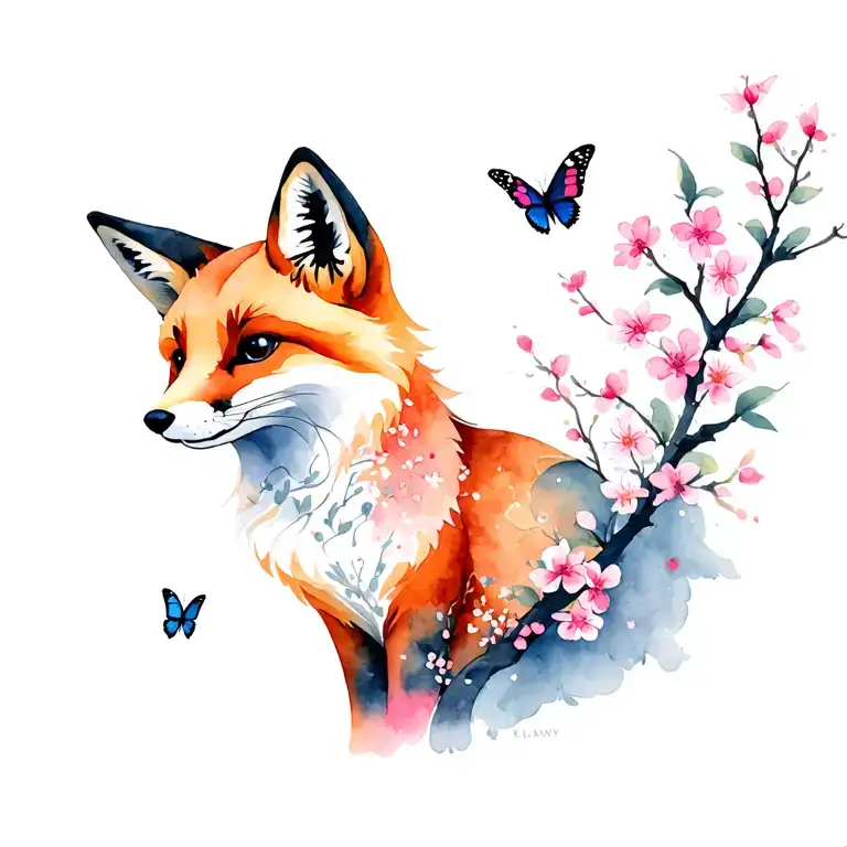 Fox With Cherry Blossoms And Butterflies