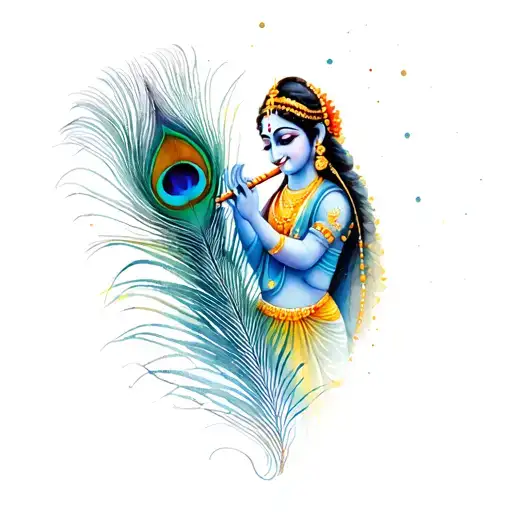 Radha Krishna Playing A Flute With Peacock Feather