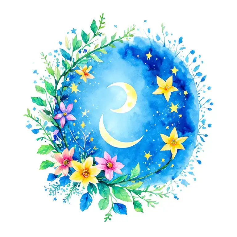 Wildflowers Intertwined With Vines And Flowers And Stars And Crescent Moon