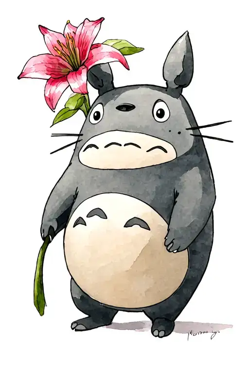 My Neighboor Totoro Walking Holding A Pink Lily