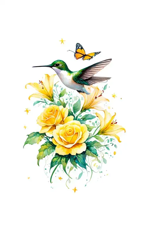 Hummingbird And Butterfly Flying Together With Yellow Roses And Stargazing Lilies
