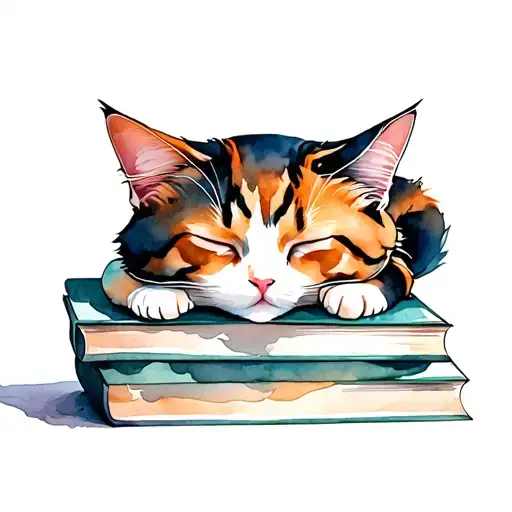 Calico Cat Sleeping On Books Stacked