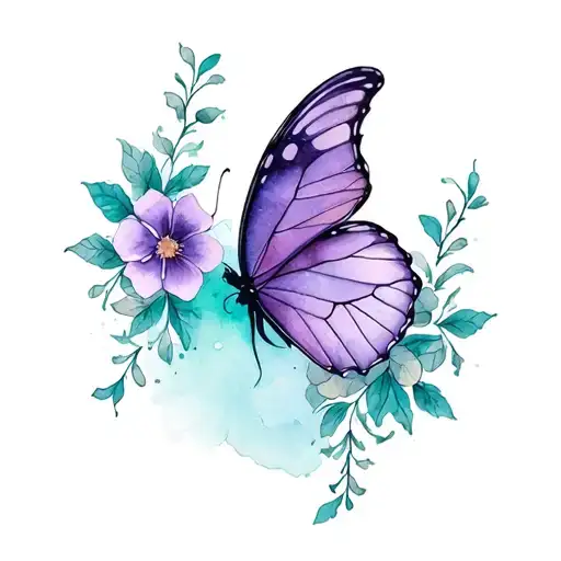 A Half Purple And Half Teal Butterfly With Vines And Flowers