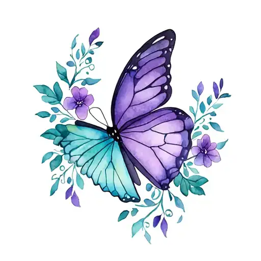 A Half Purple And Half Teal Butterfly With Vines And Flowers