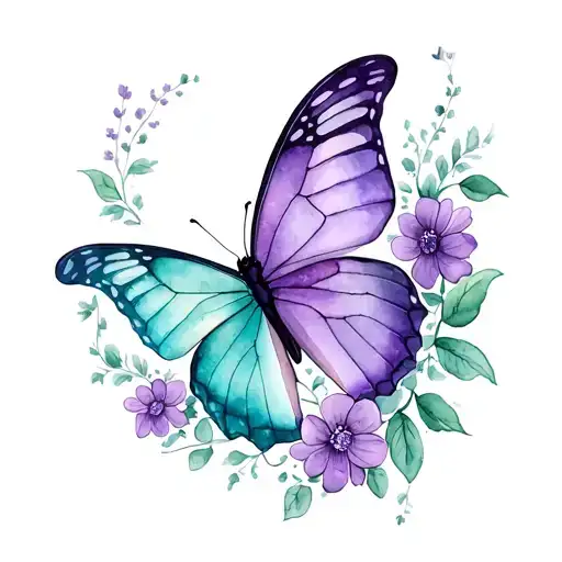 A Half Purple And Half Teal Butterfly With Vines And Flowers