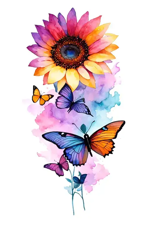Butterflies Flying With Sunflower