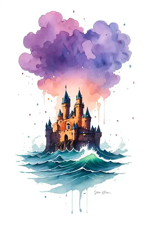 Castle Crumbling Into A Raging Sea With A Storm Above