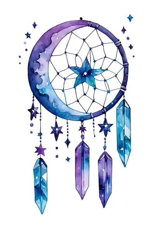 Moon And Stars Dream Catcher Entangled With Beautiful Crystals